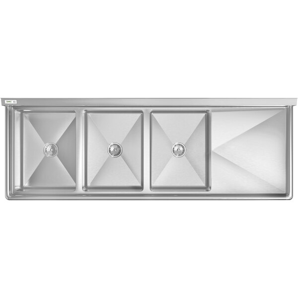 A large stainless steel three-compartment commercial sink with a right-side drainboard and sturdy legs.
