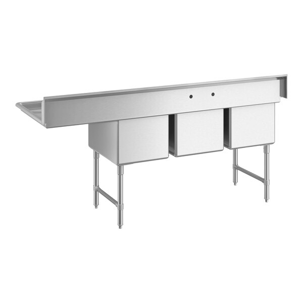 A large stainless steel commercial sink with three deep compartments, sturdy legs, cross bracing, and an extended drainboard on the right side.