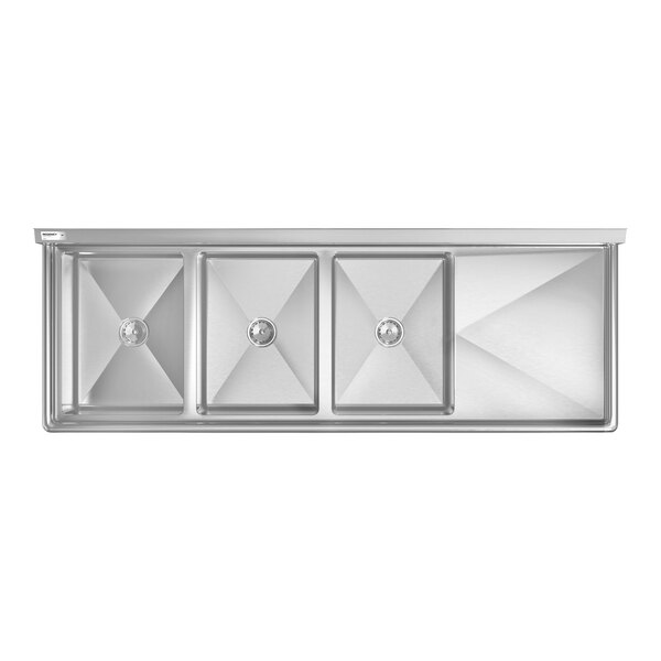 A top-down view of a large stainless steel sink with three square compartments and a drainboard on the right side.
