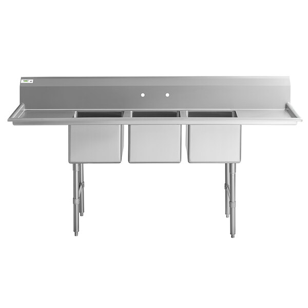 A large stainless steel three-compartment commercial sink with two drainboards, stainless steel legs, and cross bracing.