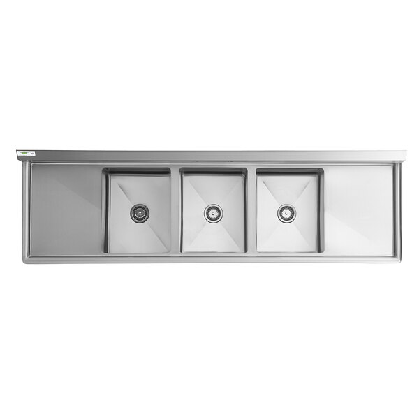 A stainless steel three-compartment commercial sink with two drainboards and cross bracing.