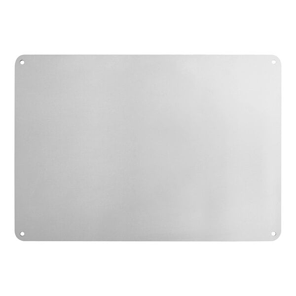 A rectangular reflective aluminum safety sign with rounded corners and holes in each corner.
