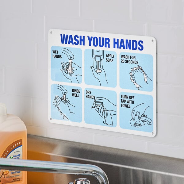 A rectangular white, blue, and black aluminum safety sign with illustrated handwashing instructions and the text 'Wash Your Hands' mounted above a sink.