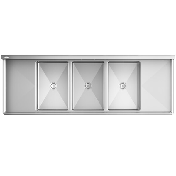 A large stainless steel commercial sink with three compartments and two drainboards.
