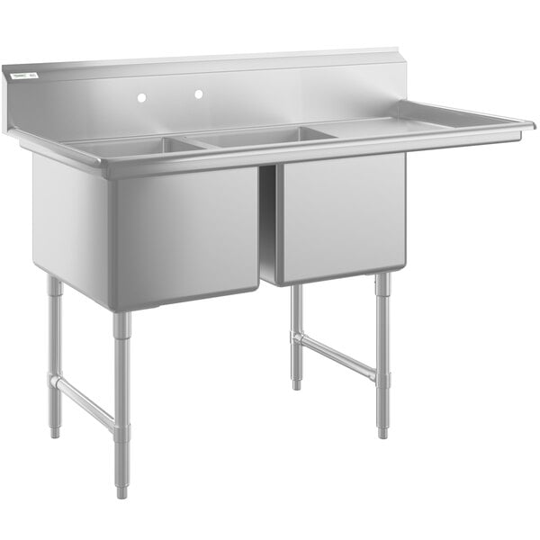 A stainless steel two-compartment commercial sink with an 18-inch right drainboard, stainless steel legs, and cross bracing.