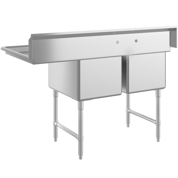 A stainless steel two compartment commercial sink with an 18-inch right drainboard, stainless steel legs, and cross bracing.