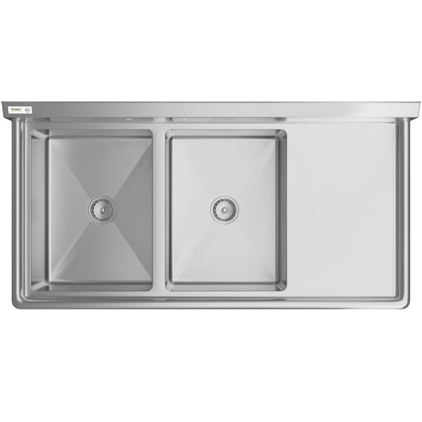 A stainless steel commercial sink with two compartments and an 18-inch right drainboard.