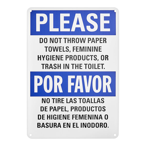 A bilingual plastic safety sign instructing not to throw paper towels, feminine hygiene products, or trash in the toilet.