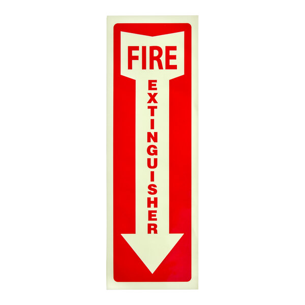 A red and white adhesive vinyl safety label with a down arrow and the words 'Fire Extinguisher' that glows in the dark.