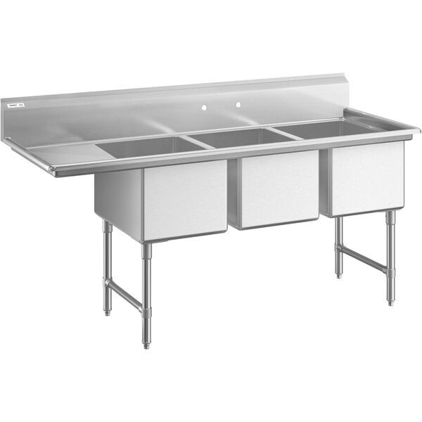 A stainless steel three compartment commercial sink with an 18-inch left drainboard, stainless steel legs, and cross bracing.