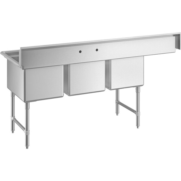 A stainless steel three compartment commercial sink with an 18-inch left drainboard, stainless steel legs, and cross bracing.