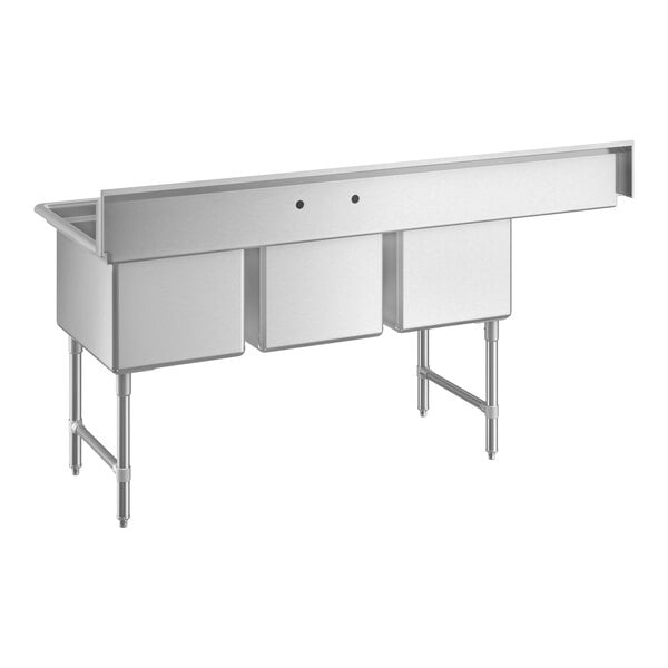A stainless steel three-compartment commercial sink with an 18-inch left drainboard and sturdy legs with cross bracing.