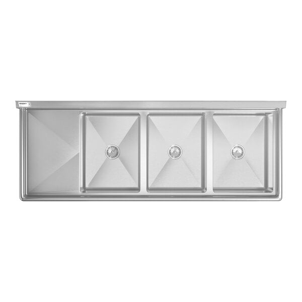 A stainless steel commercial sink with three rectangular compartments and a left-side drainboard.