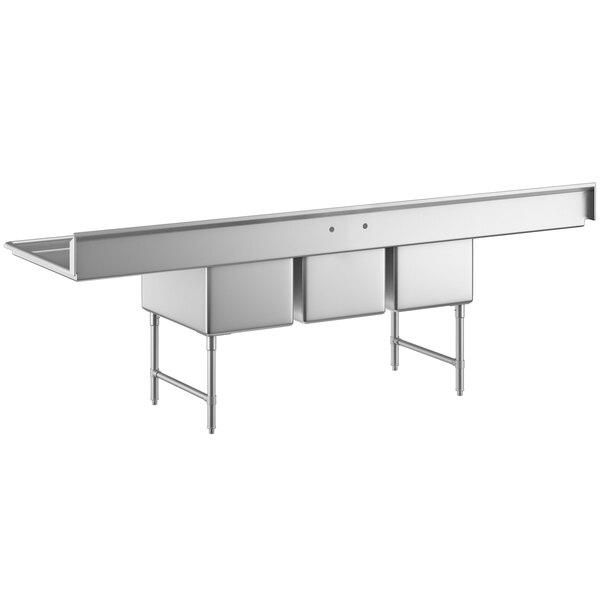 A large stainless steel three compartment commercial sink with two 30-inch drainboards, stainless steel legs, and cross bracing.