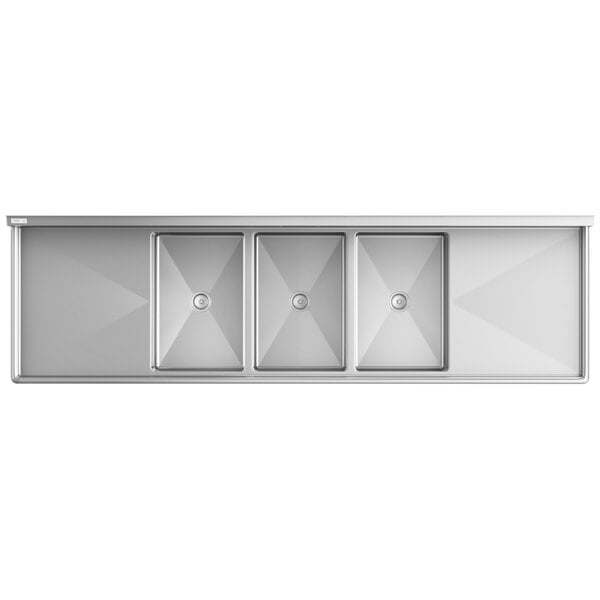 A large stainless steel commercial sink with three compartments and two drainboards, supported by stainless steel legs and cross bracing.