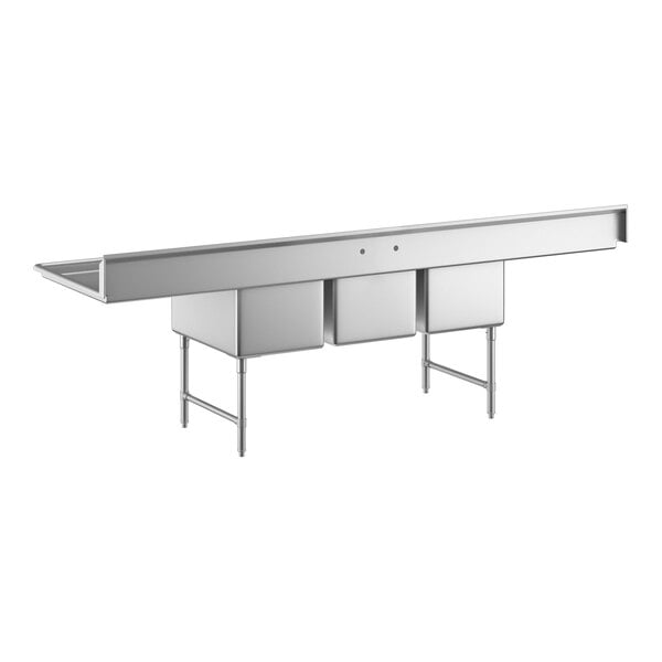 A large stainless steel three-compartment sink with two drainboards and sturdy legs with cross bracing.