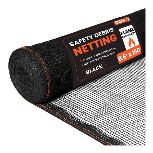 Doovex 8 5/8' x 150' Black 1/4" Fire-Retardant Mesh Safety Debris Netting Roll DSB-8150