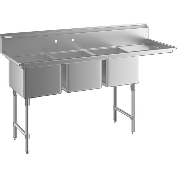A stainless steel three compartment commercial sink with an 18-inch right drainboard, stainless steel legs, and cross bracing.