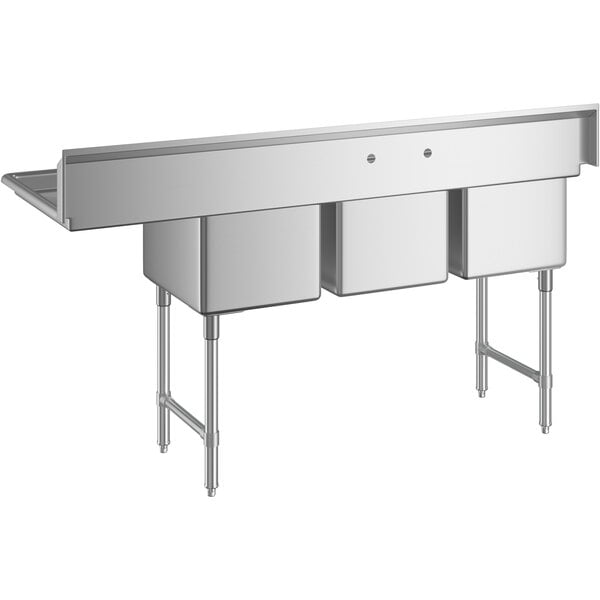 A stainless steel three compartment commercial sink with an 18-inch right drainboard, stainless steel legs, and cross bracing.