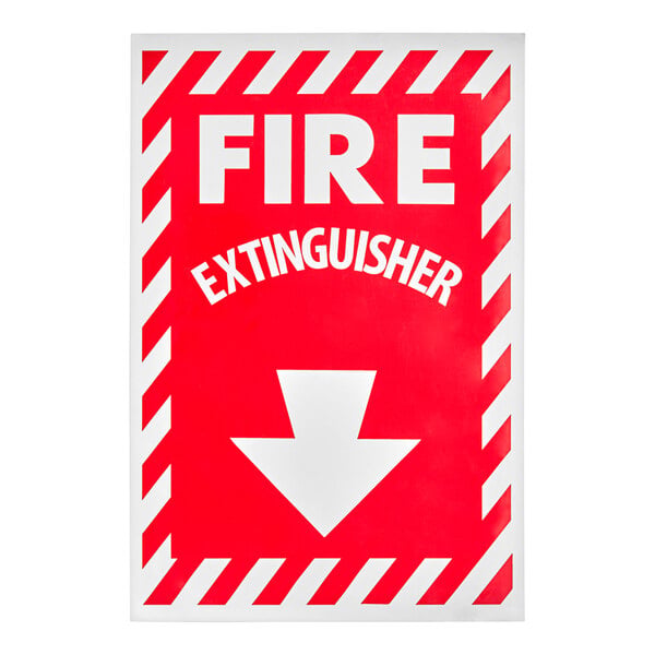 A red and white adhesive vinyl safety label with the words 'Fire Extinguisher' and a down arrow.