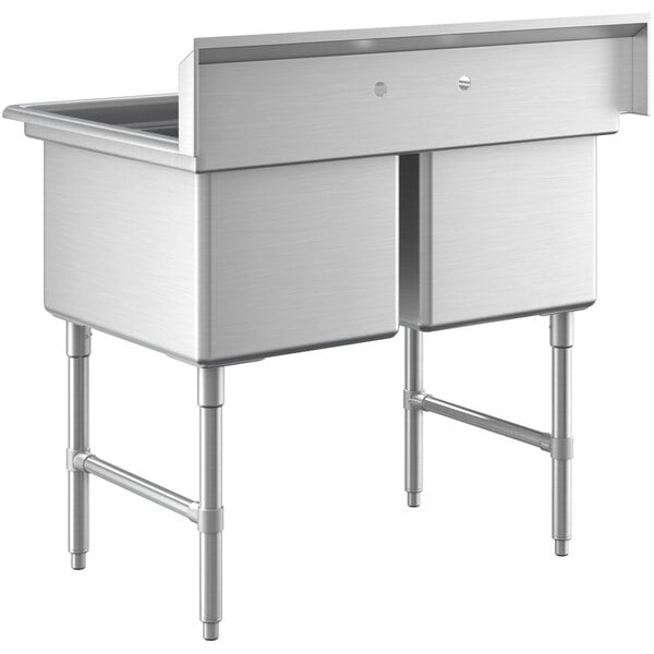 A stainless steel two-compartment commercial sink with stainless steel legs and cross bracing.