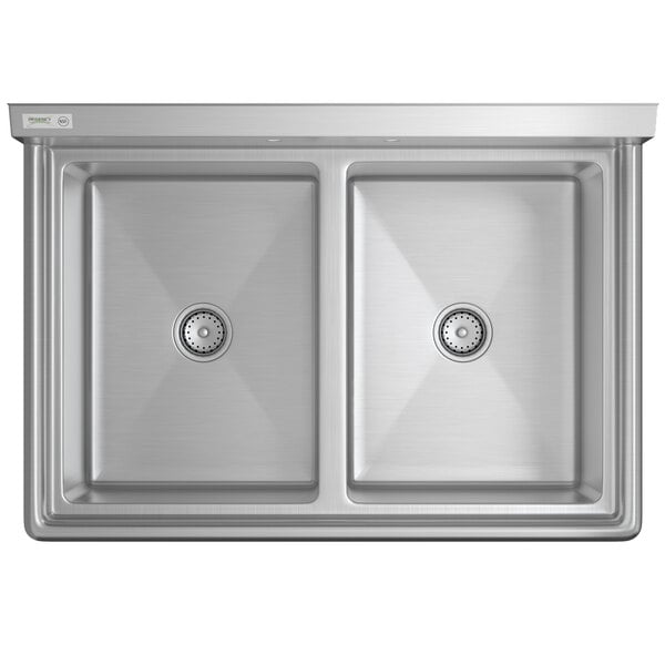 A stainless steel two-compartment commercial sink with rectangular bowls and a backsplash.