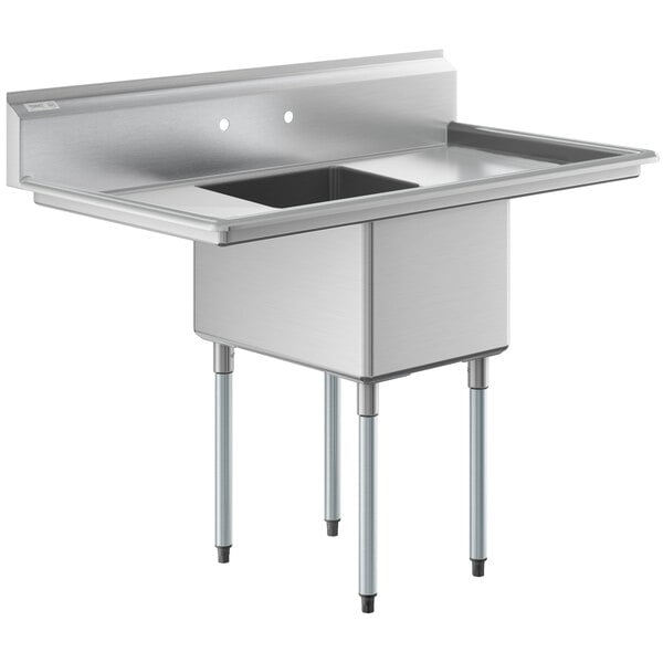 A stainless steel commercial sink with one compartment, two drainboards, and galvanized steel legs.