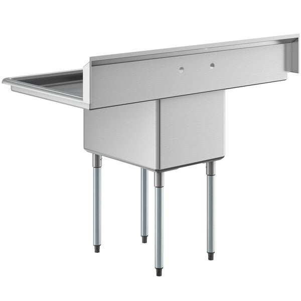 A stainless steel commercial sink with one compartment, two drainboards, and galvanized steel legs.