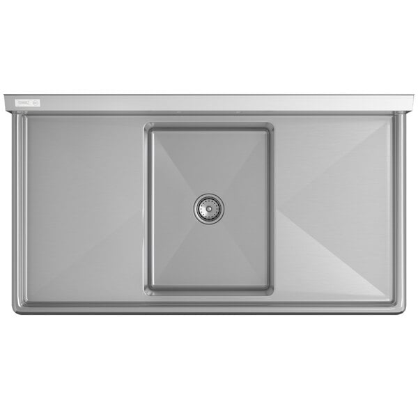 A stainless steel commercial sink with one compartment, two drainboards, and a central drain.