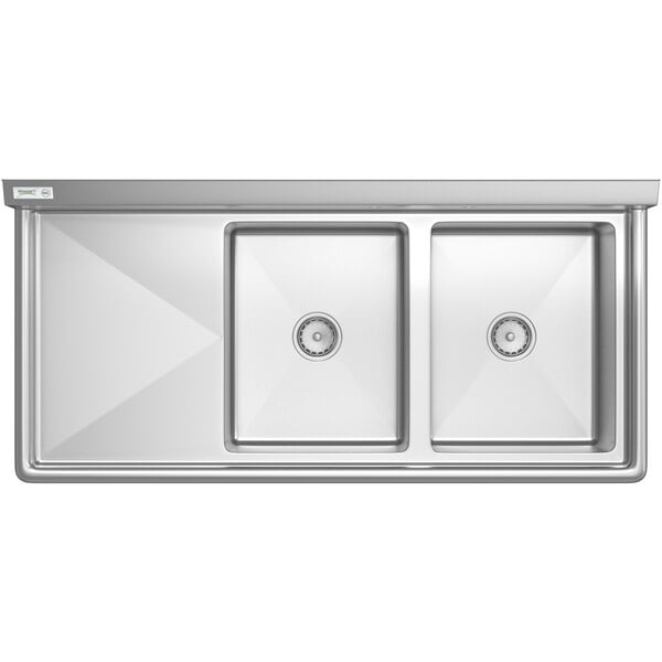 A stainless steel commercial sink with two compartments and an 18-inch left drainboard.