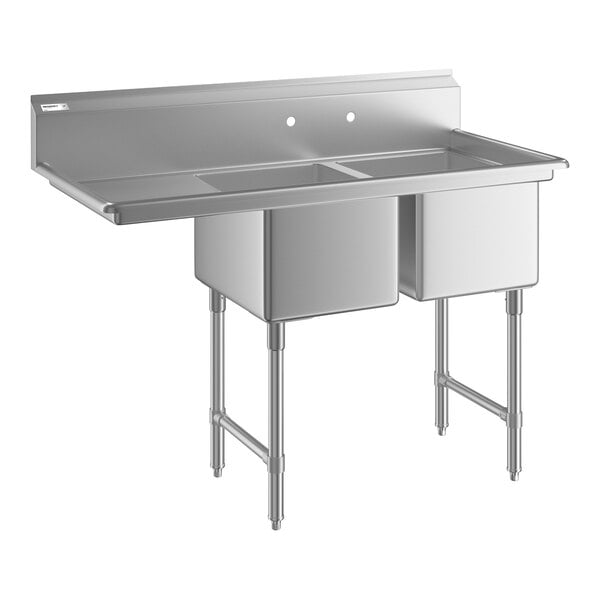 Regency 54 1/2" Two Compartment Commercial Sink with Stainless Steel Legs, Cross Bracing, and 18" Left Drainboard