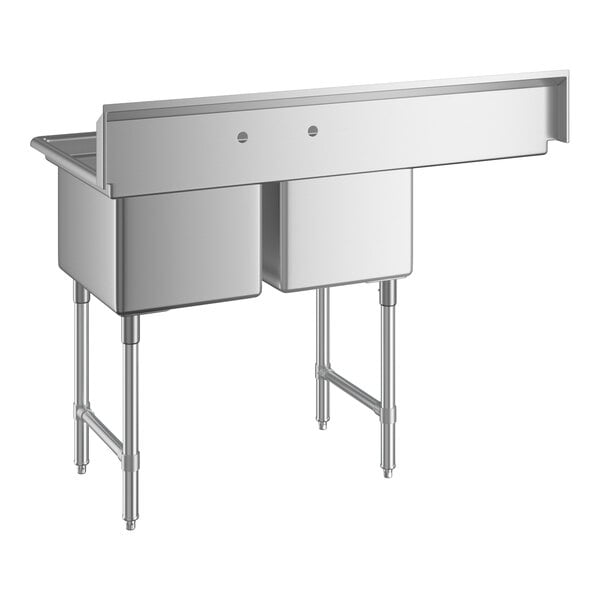 Regency 54 1/2" Two Compartment Commercial Sink with Stainless Steel Legs, Cross Bracing, and 18" Left Drainboard