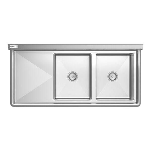 Regency 54 1/2" Two Compartment Commercial Sink with Stainless Steel Legs, Cross Bracing, and 18" Left Drainboard