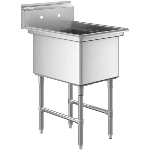 A stainless steel one-compartment commercial sink with stainless steel legs and cross bracing.