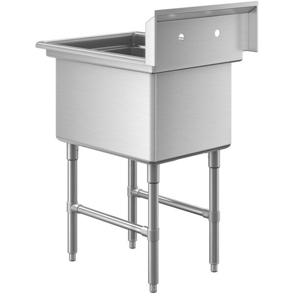 A stainless steel one-compartment commercial sink with stainless steel legs and cross bracing.