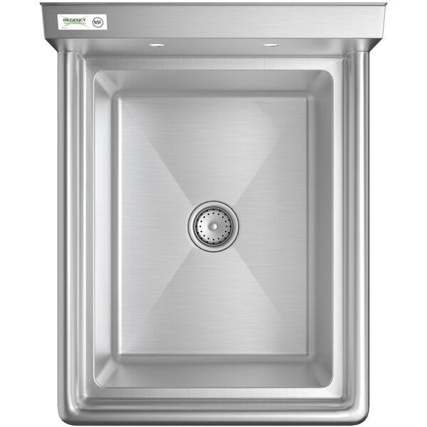 A stainless steel one-compartment commercial sink with a rectangular bowl and drain in the center.