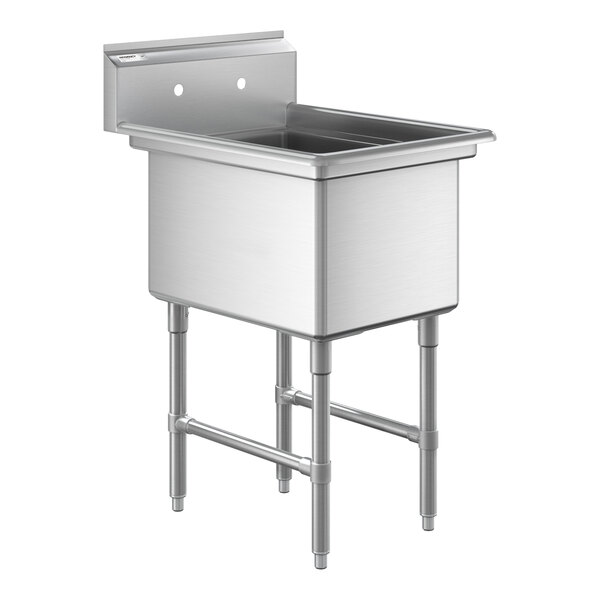 A stainless steel commercial sink with one deep compartment, four sturdy legs, and cross bracing for support.