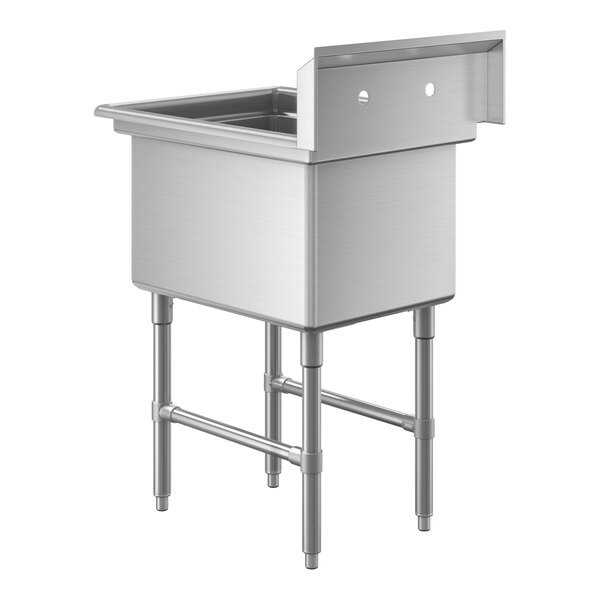 A stainless steel commercial sink with a deep rectangular basin, four sturdy legs, cross bracing, and a backsplash with two faucet holes.