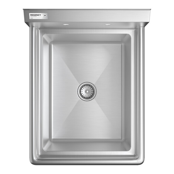 A top-down view of a rectangular stainless steel sink with a central drain and a backsplash featuring two faucet holes.