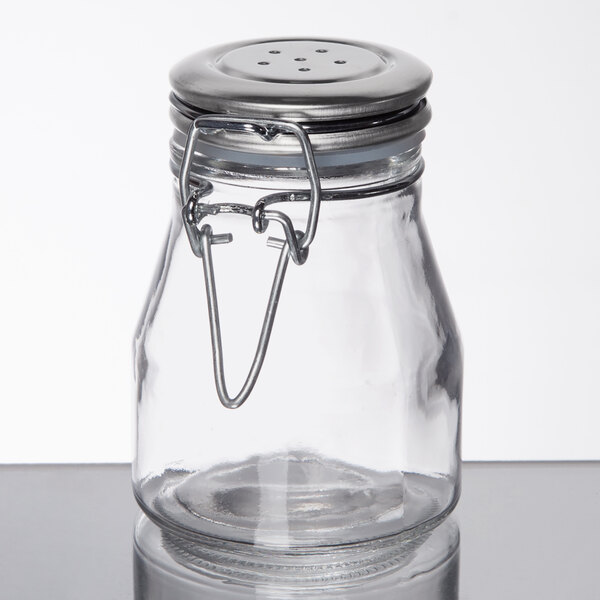 Tablecraft 3.5 oz. Resealable Salt and Pepper Shaker Glass Jar with Stainless Steel Clip-Top Lid - 6/Case