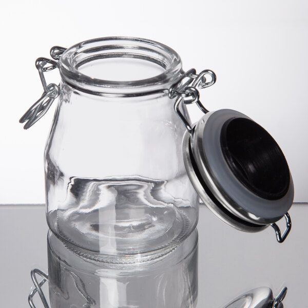 Tablecraft 3.5 oz. Resealable Salt and Pepper Shaker Glass Jar with Stainless Steel Clip-Top Lid - 6/Case