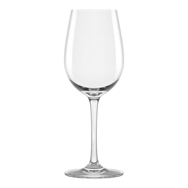 A clear 14 oz. white wine glass with a long stem and rounded bowl.