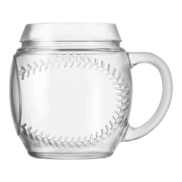 A clear glass mug with a handle, designed to resemble a baseball with raised stitching details.
