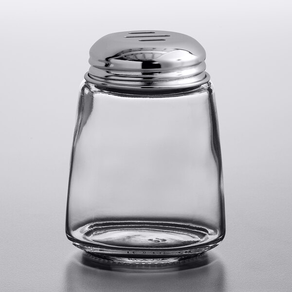 Tablecraft 8 oz. Modern Glass Cheese Shaker with Chrome-Plated Slotted Top - 12/Case