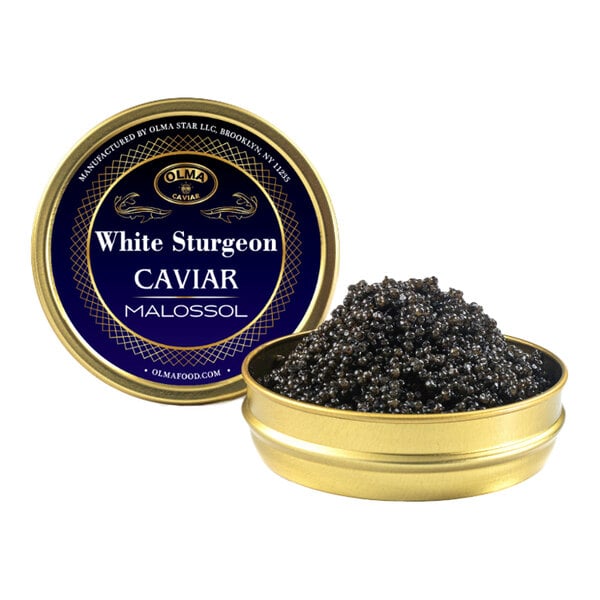 A tin of OLMA White Sturgeon Caviar containing 125 grams of black caviar.