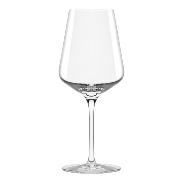 A clear, stemmed red wine glass with a wide bowl and tapered rim.