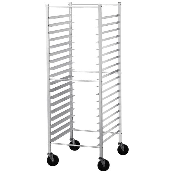 An unassembled metal Advance Tabco sheet pan rack with wheels.