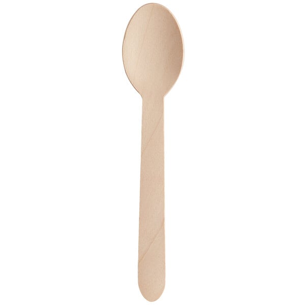 A compostable wooden spoon measuring 6 1/4 inches in length.