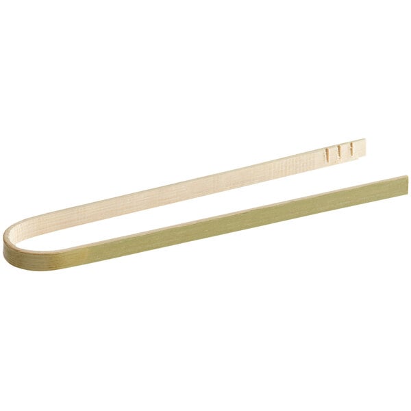 A pair of 6-inch compostable bamboo tongs.