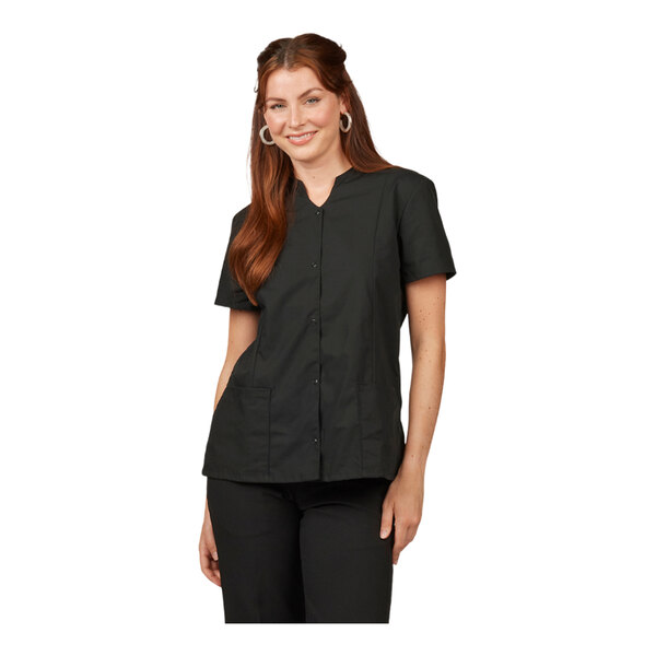 A women's black short-sleeve snap-front housekeeping tunic made from a poly/cotton blend.